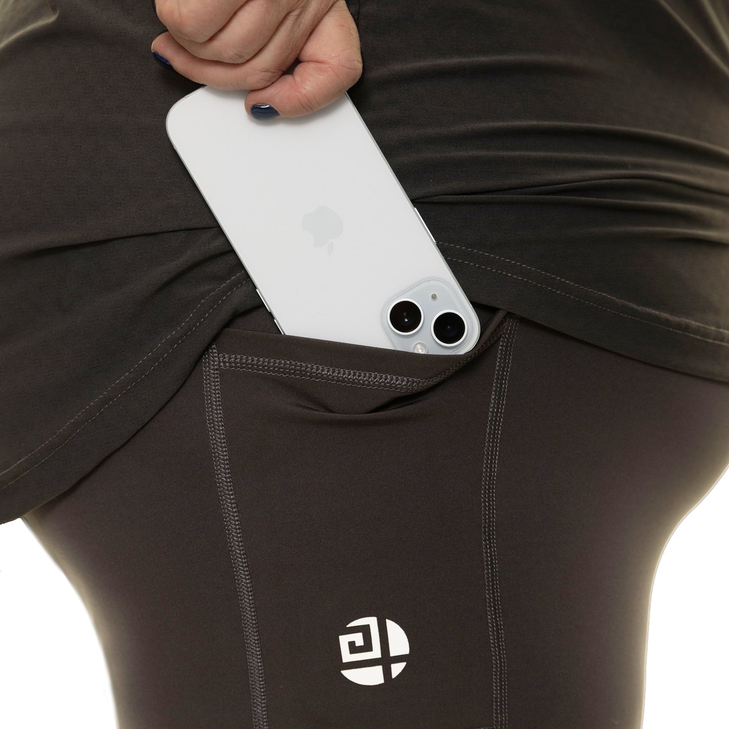 Close-up of Gym Stuff Plus grey high waist leggings showing side pocket holding smartphone, supportive fit for plus size women.