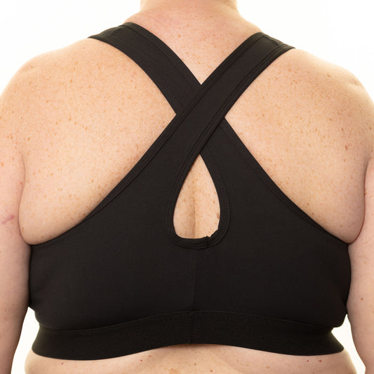Back view of black high-impact plus size sports bra from Gym Stuff Plus showing supportive cross straps.