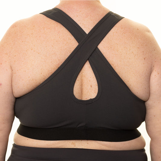 Back view of grey high-impact plus size sports bra from Gym Stuff Plus showing supportive cross straps.Bra