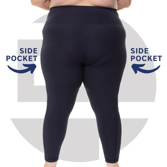 Back view of navy high waist plus size leggings from Gym Stuff Plus showing supportive waistband and side pockets.sides