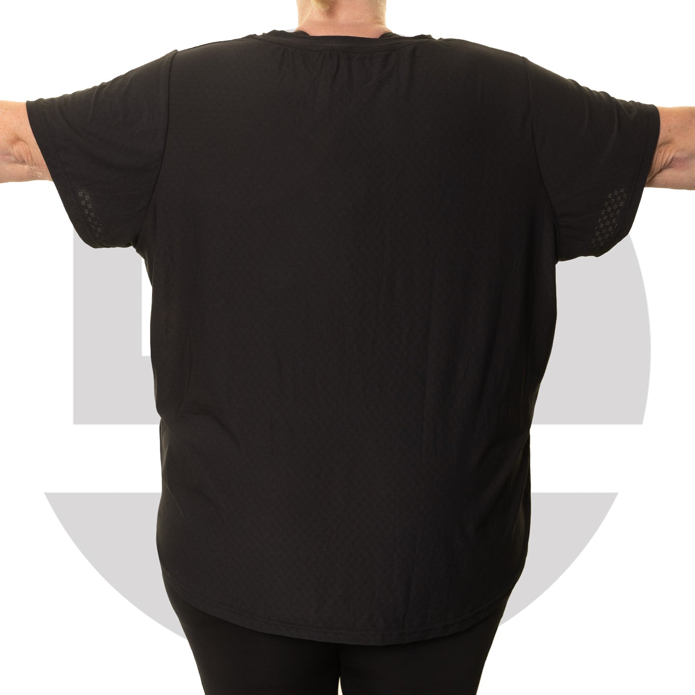 Back view of black plus size gym T-shirt from Gym Stuff Plus showing relaxed comfortable fit.