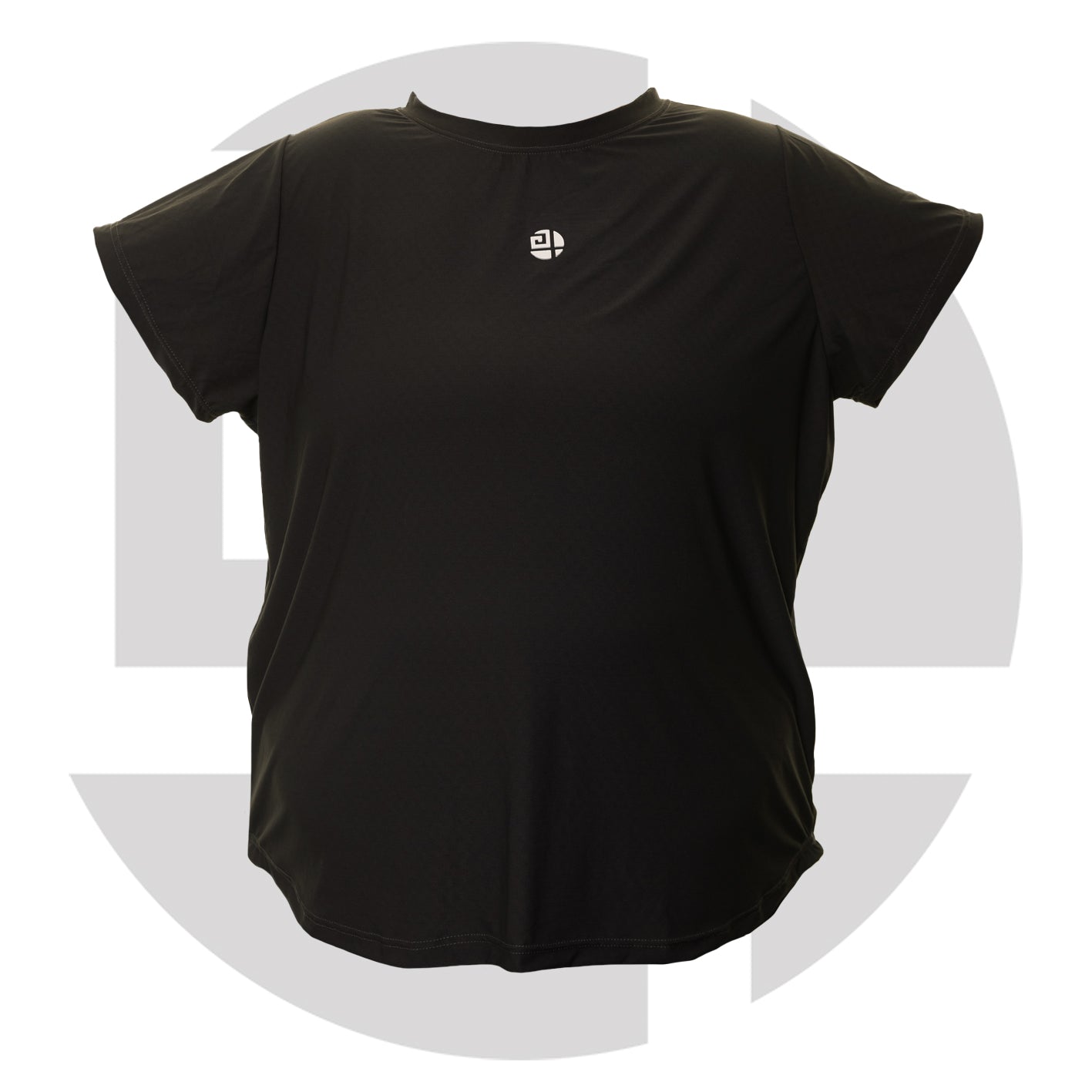 Plus size woman wearing black gym T-shirt from Gym Stuff Plus, comfortable flattering fit for workouts.