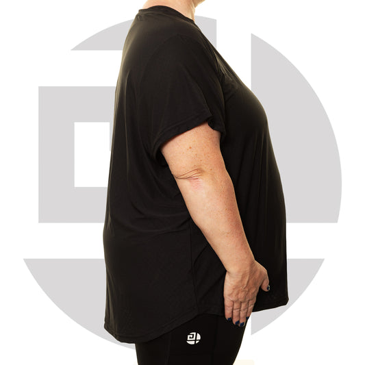 Side view of black plus size gym T-shirt from Gym Stuff Plus showing length and flattering shape.