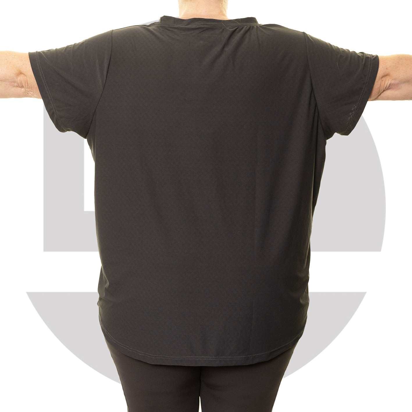 Back view of grey plus size gym T-shirt from Gym Stuff Plus showing relaxed comfortable fit.