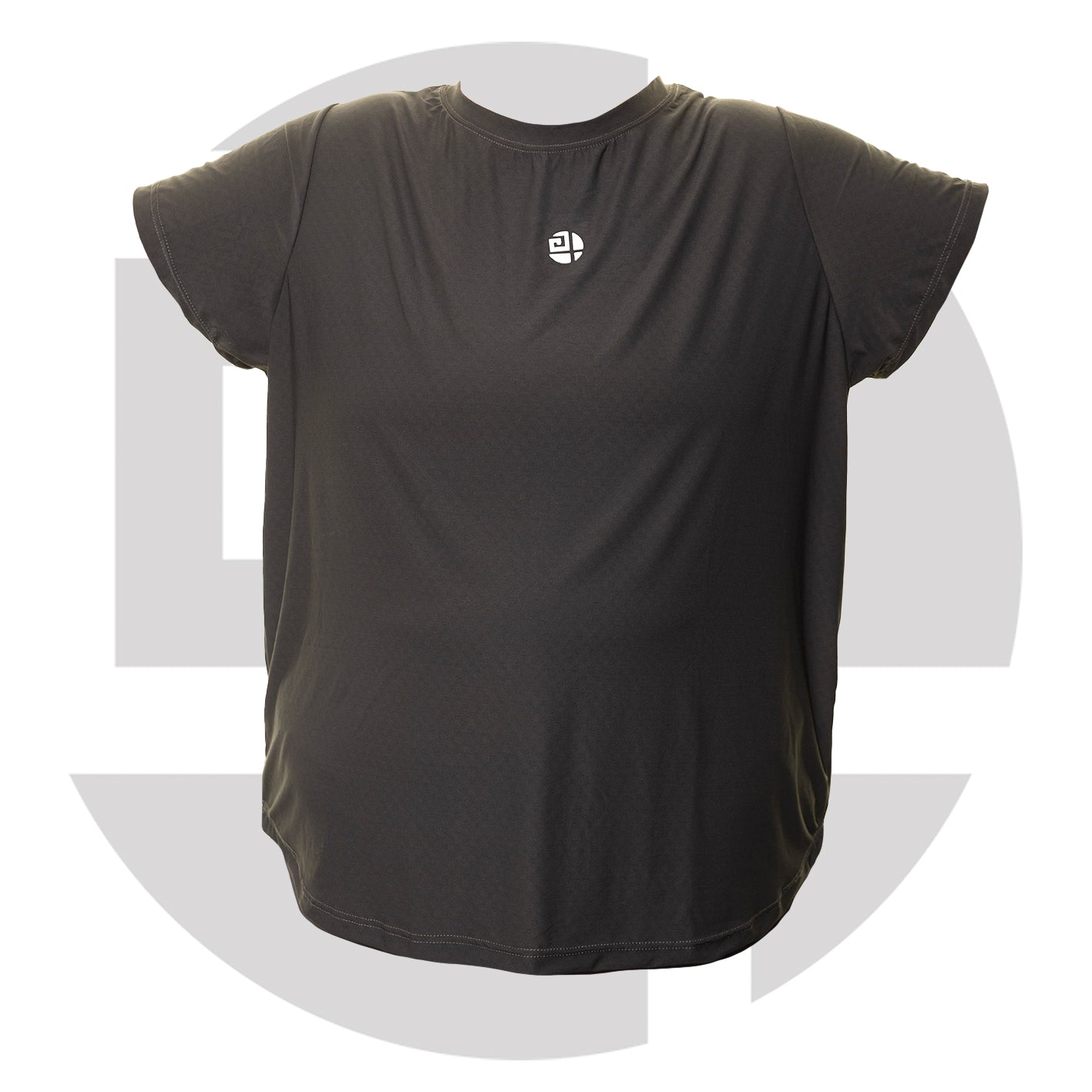 Plus size woman wearing grey gym T-shirt from Gym Stuff Plus, comfortable flattering fit for workouts.