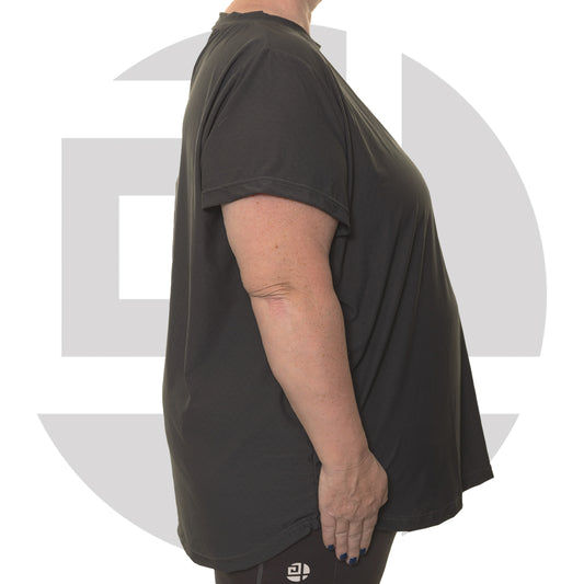 Side view of grey plus size gym T-shirt from Gym Stuff Plus showing length and flattering shape.