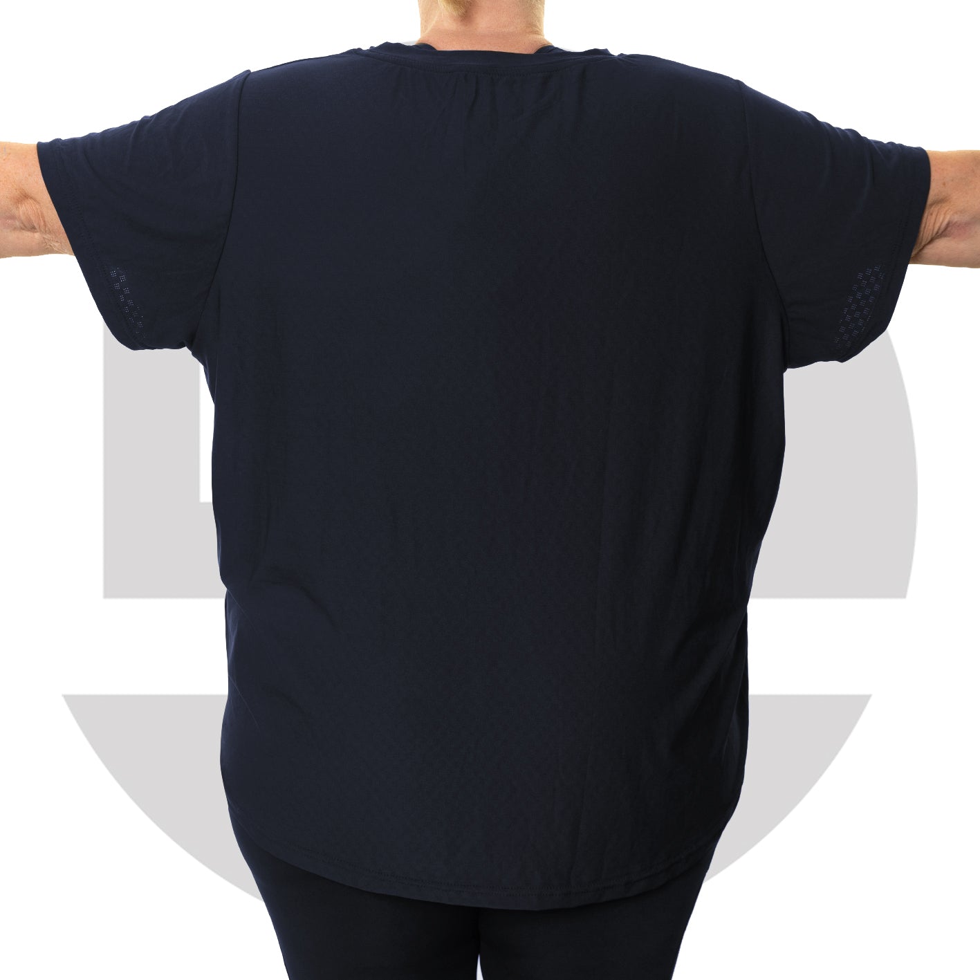 Back view of navy plus size gym T-shirt from Gym Stuff Plus showing relaxed comfortable fit.