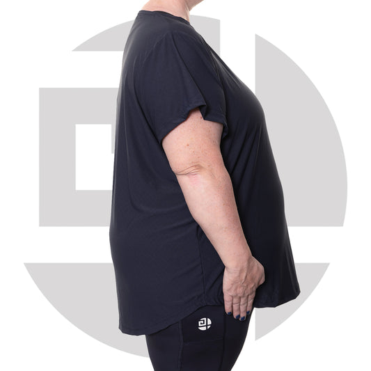 Side view of navy plus size gym T-shirt from Gym Stuff Plus showing length and flattering shape.