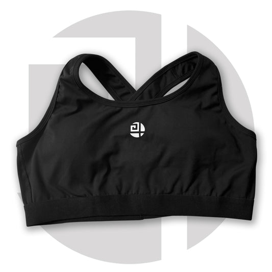 Black high-impact plus size sports bra from Gym Stuff Plus, supportive design with cross-back straps.