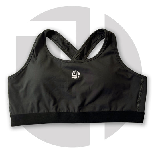 Grey high-impact plus size sports bra from Gym Stuff Plus, supportive design with cross-back straps.