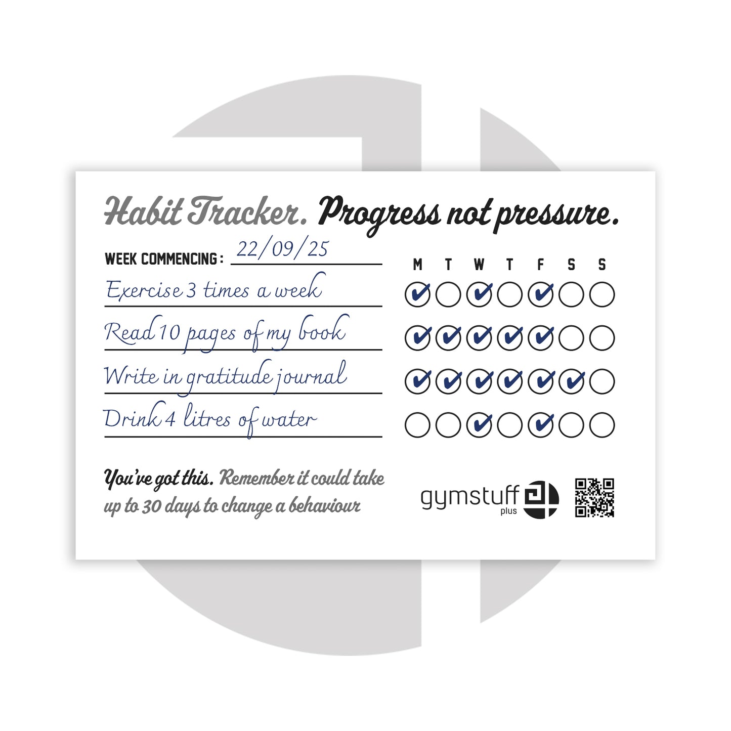 Filled Gym Stuff Plus habit tracker pad showing weekly goals like exercise, reading, gratitude and hydration, with message 'Progress not pressure'.