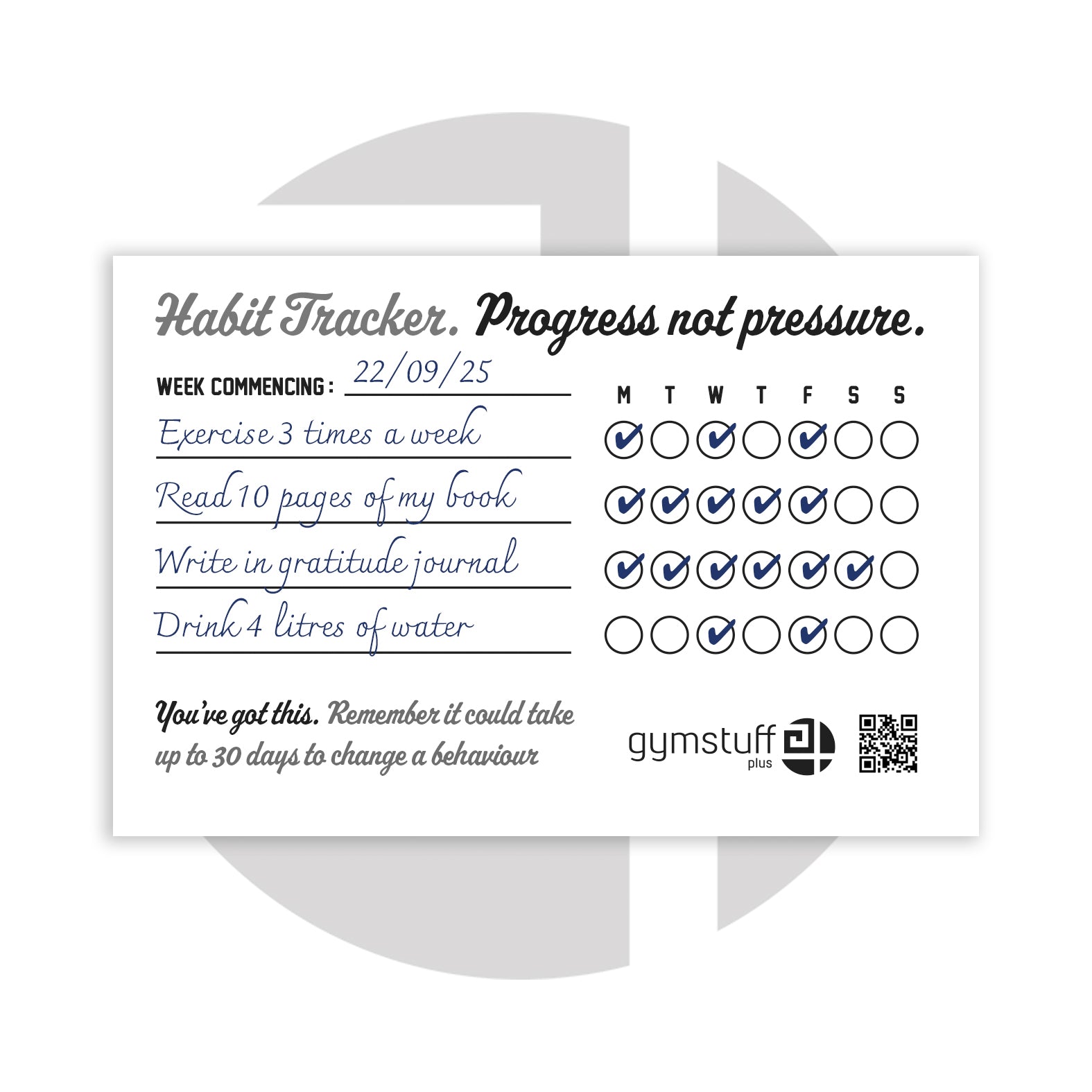 Filled Gym Stuff Plus habit tracker pad showing weekly goals like exercise, reading, gratitude and hydration, with message 'Progress not pressure'.