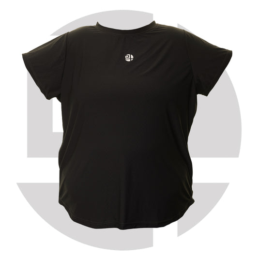 Plus size woman wearing black gym T-shirt from Gym Stuff Plus, comfortable flattering fit for workouts.