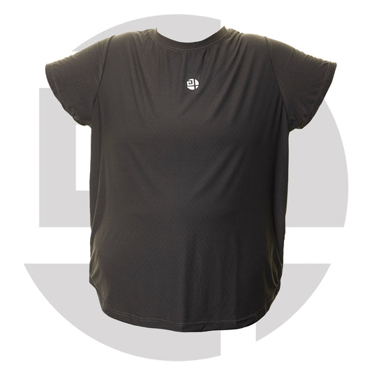 Plus size woman wearing grey gym T-shirt from Gym Stuff Plus, comfortable flattering fit for workouts. 