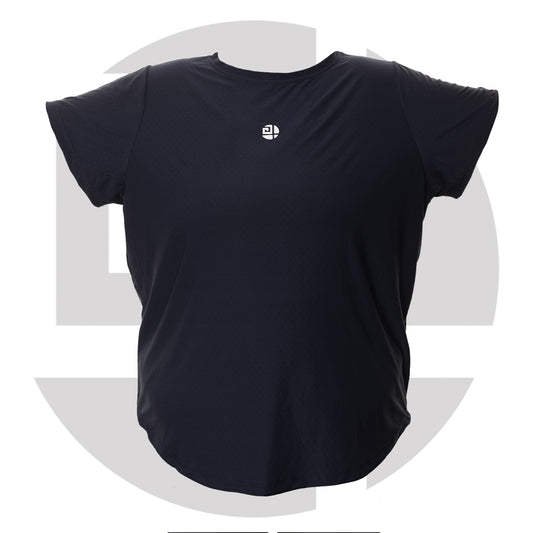 Plus size woman wearing navy gym T-shirt from Gym Stuff Plus, comfortable flattering fit for workouts.