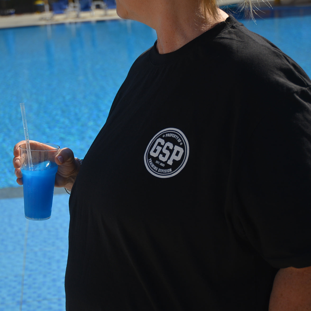 plus size black off duty t-shirt women holding blue drink gsp logo