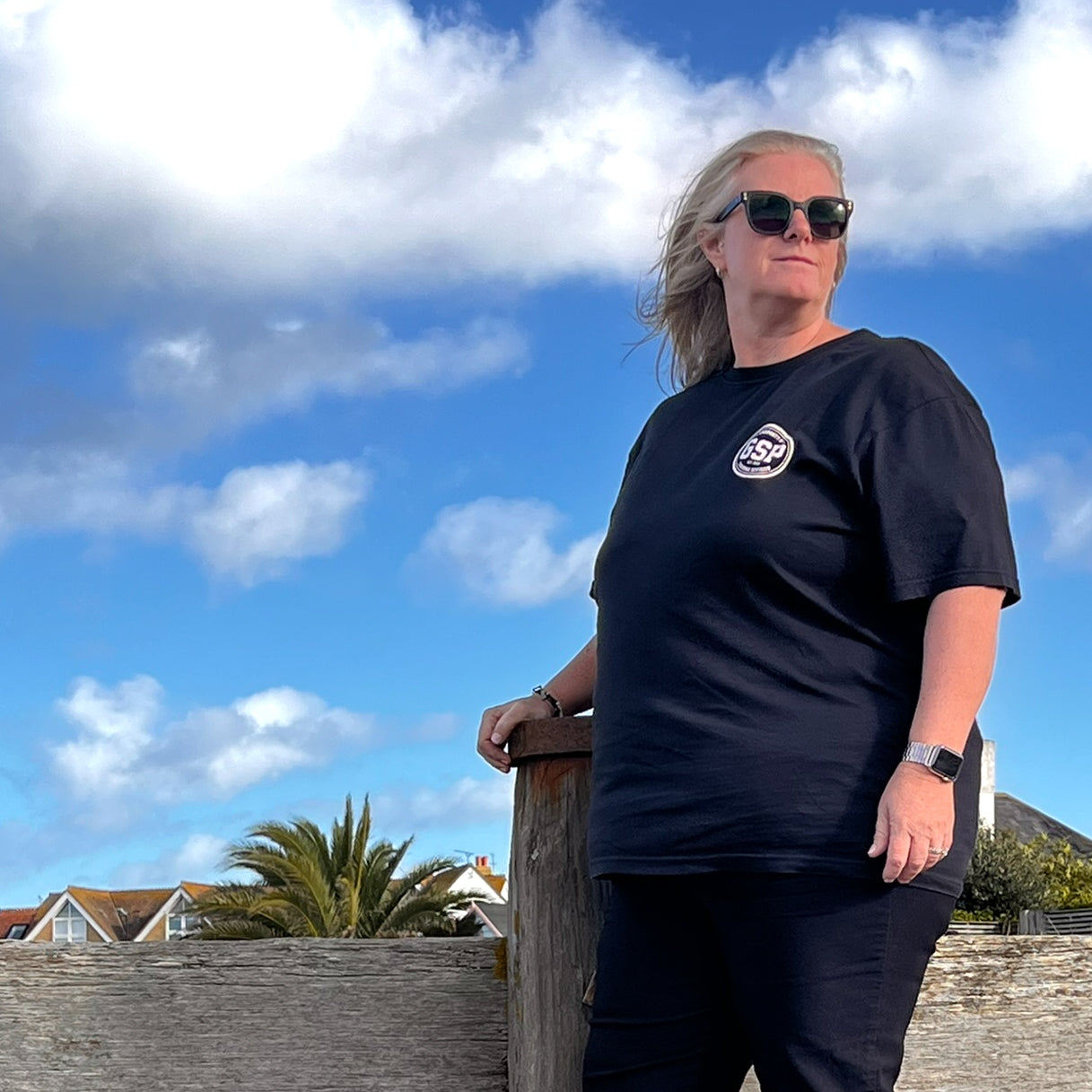 plus size black off duty t-shirt women standing by sea gsp logo