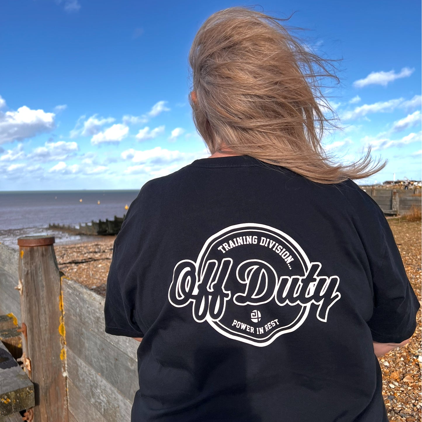 plus size black off duty t-shirt power in rest back graphic beach