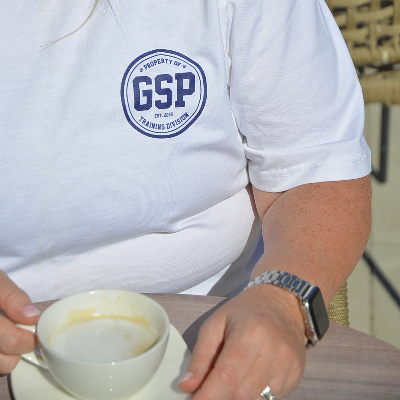 plus size white off duty t-shirt women holding coffee gsp logo